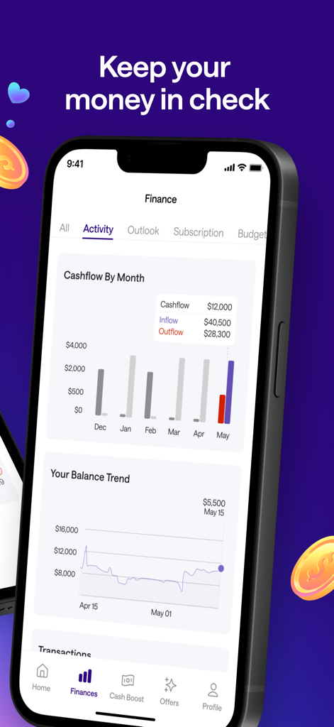 Credit Genie app dashboard showing cashflow and balance trend charts
