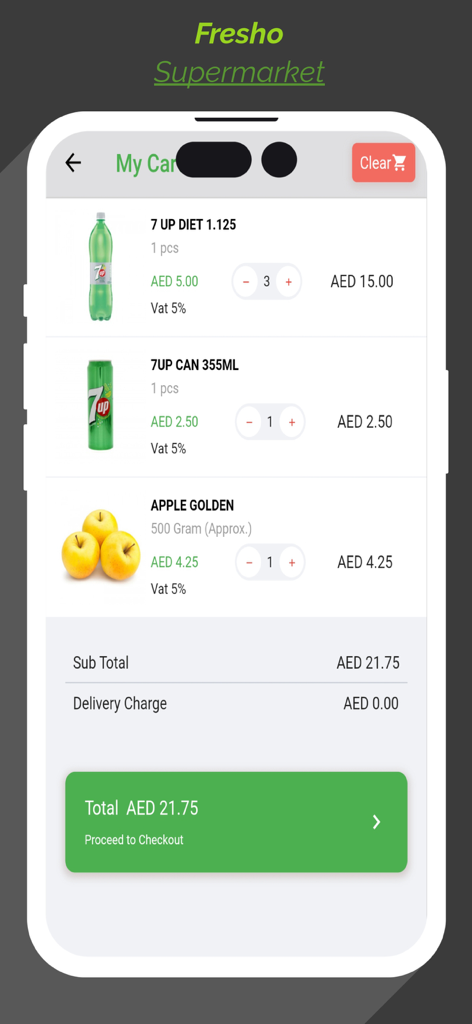 Fresho Supermarket - 7UPとリンゴが無料配送で表示されているFreshoスーパーマーケットモバイルアプリのショッピングカート画面