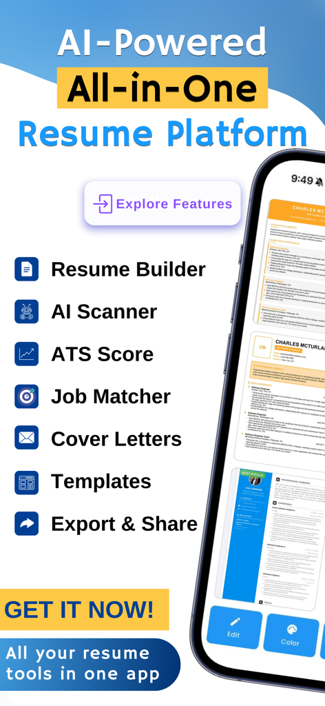 Infographic showing ResAI app features including AI resume builder AI scanner ATS score and templates