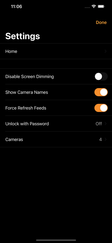 Guardhouse - Settings page of the Guardhouse app showing configuration options for HomeKit camera monitoring such as displaying camera names and feed refresh settings.