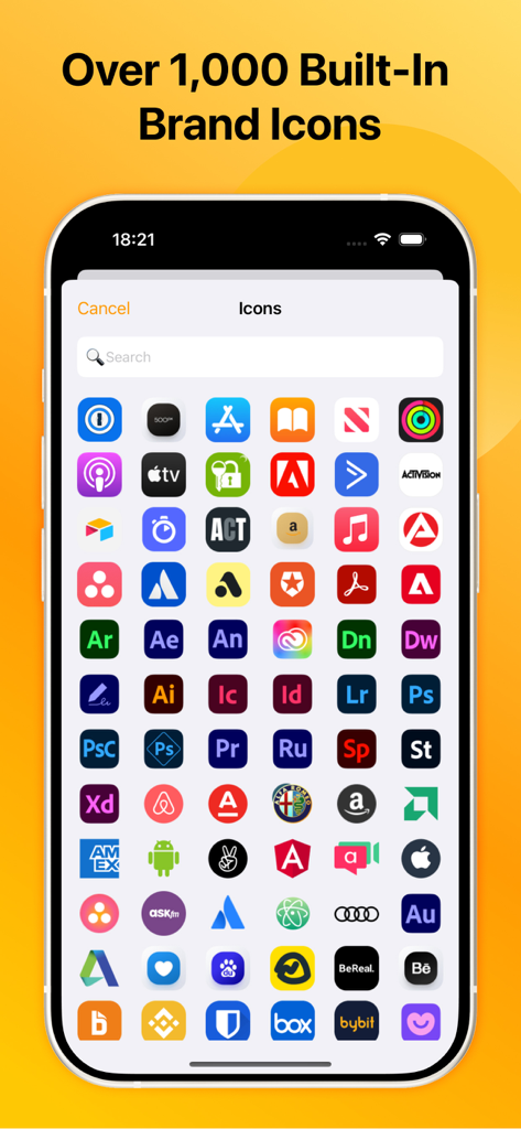QR Code Scanner: QR Reader - Una pantalla móvil que muestra una gran colección de íconos de marca para crear códigos QR personalizados.