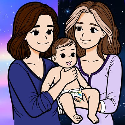 two realistic women holding one baby together