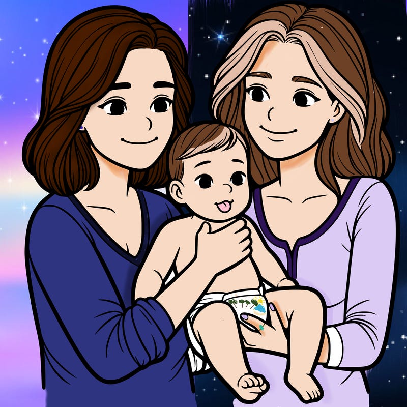 two realistic women holding one baby together