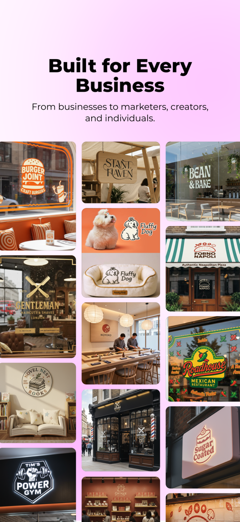 X-Design - Al Branding Agent - Examples of AI branding and logos applied to various business storefronts and products