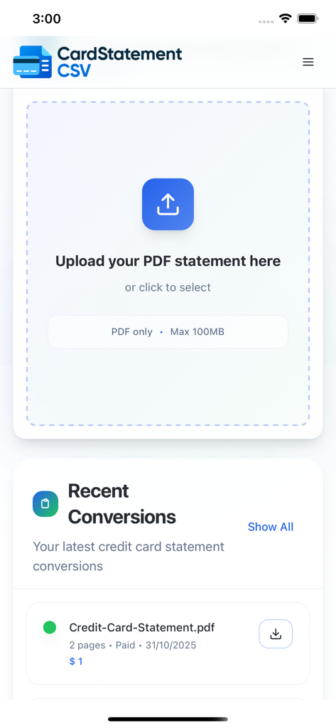Card Statement CSV - Card Statement CSV app interface showing the PDF upload section and recent transaction history