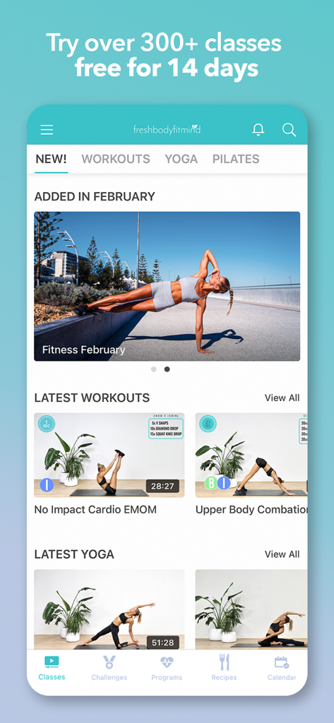 Fresh Body Fit Mind app home screen featuring yoga and fitness workout classes