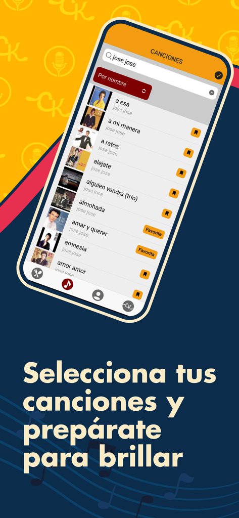 Clasicos Karaoke - Mobile app interface of Clasicos Karaoke showing a song search for artist Jose Jose with a list of his popular hits.