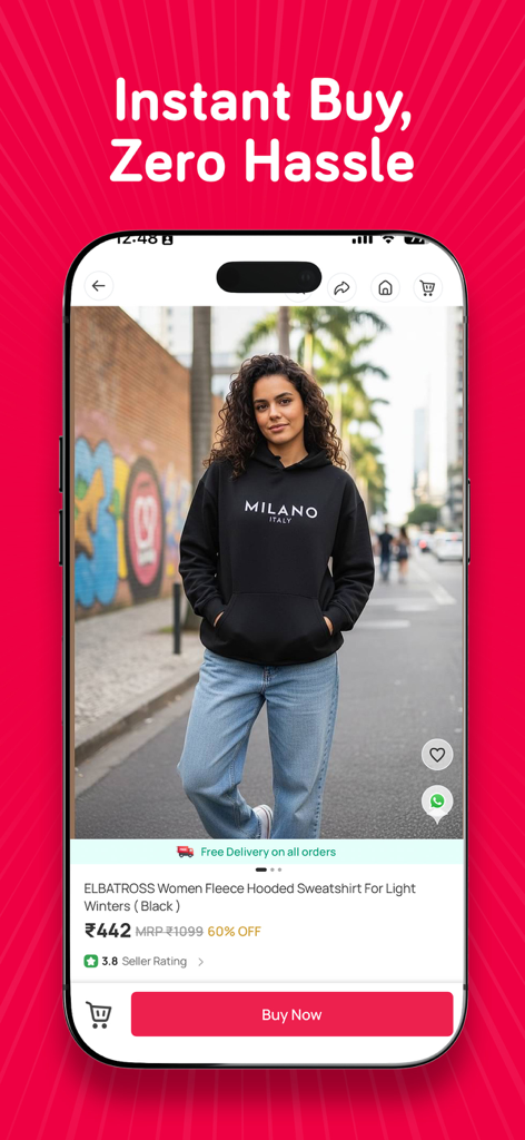 Pantalla de producto de la aplicación móvil Snapdeal para una sudadera negra de mujer con un botón de comprar ahora
