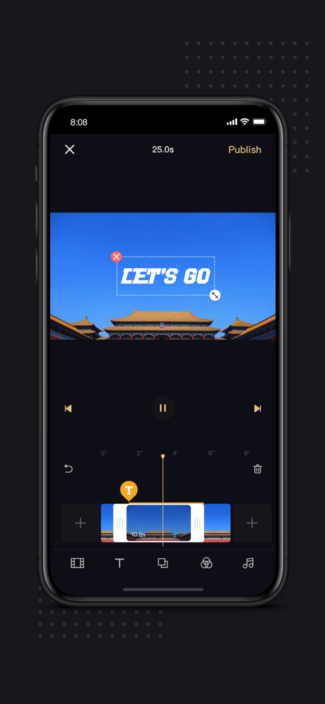 ZY Play - Pantalla de edición de vídeo en la aplicación ZY Play con un clip cinematográfico con superposición de texto y herramientas de línea de tiempo
