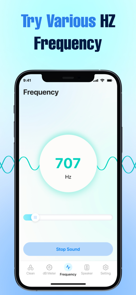 Water Eject: Speaker Cleaner. - Un'interfaccia di un'app mobile che visualizza un generatore di frequenza sonora per la pulizia e il test degli altoparlanti