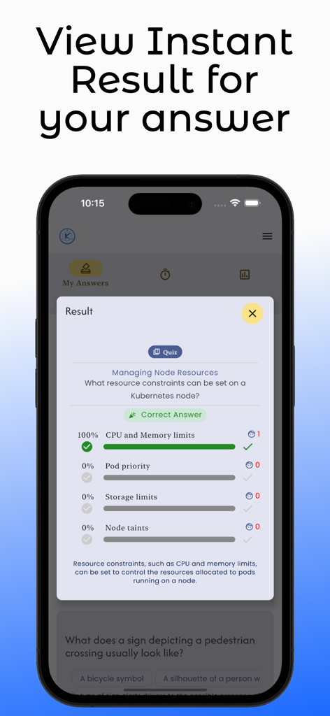 CKA Kubernetes Exam Prep - Resultado instantáneo del cuestionario de la aplicación de preparación para el examen CKA Kubernetes que muestra una respuesta correcta y una explicación detallada