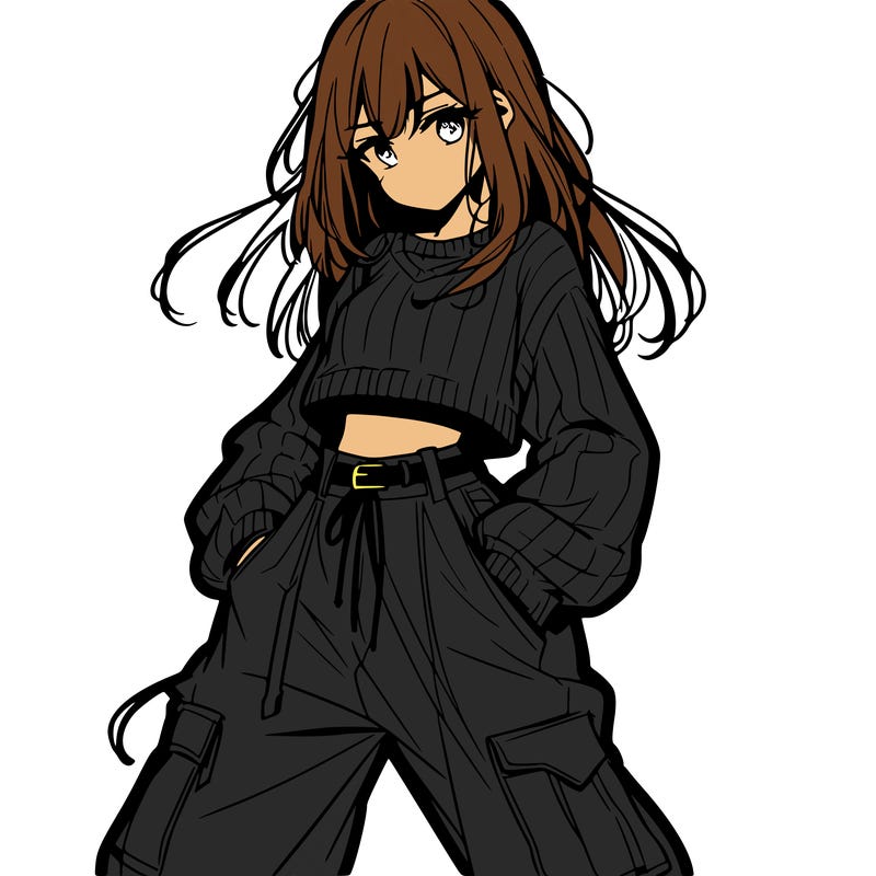 anime teen girl with baggy pants and crop top with sweater