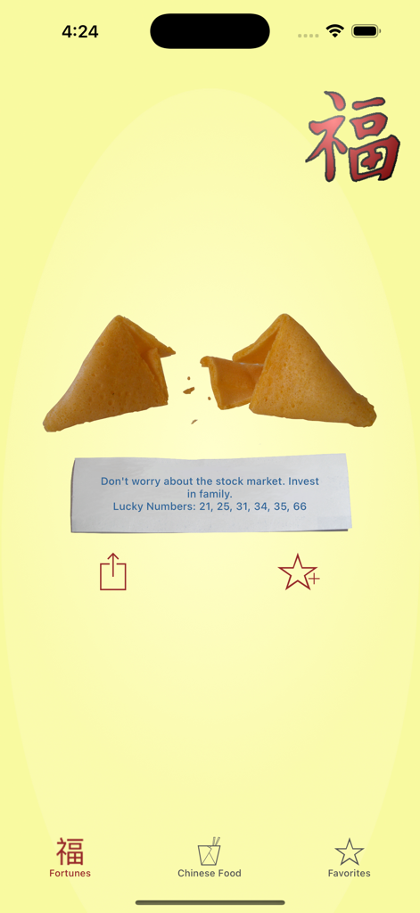 Virtual Fortune Cookie - Una captura de pantalla de la aplicación Virtual Fortune Cookie que muestra una galleta abierta con una fortuna sobre la familia y números de la suerte.