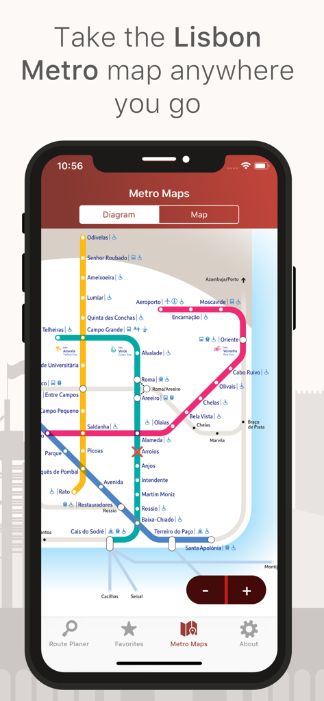 La aplicación LX Metro mostrando el diagrama del metro de Lisboa en la pantalla de un iPhone