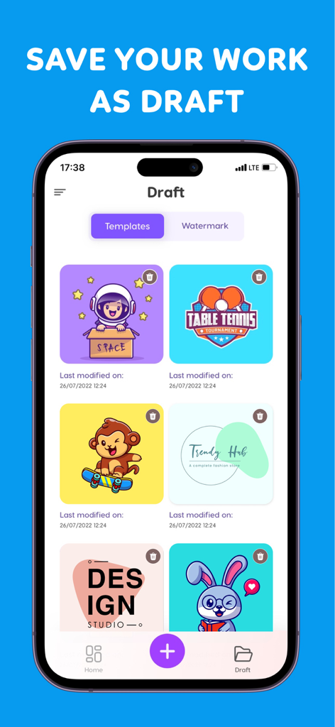 Logo Maker : Flyer Maker - A mobile app screen displaying a gallery of saved logo design drafts and templates