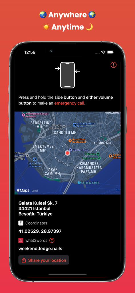 Location SOS Emergency Locator - Smartphone screen showing exact GPS coordinates, what3words address, and a map location for emergency services.