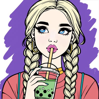 realistic girl with braided hair drinking boba