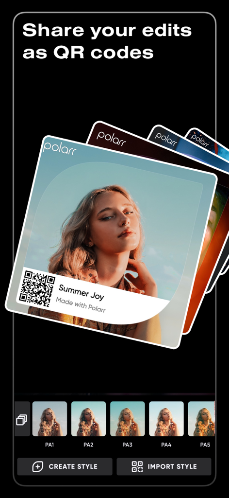 A mobile app interface showing how to share and import custom photo filters using QR codes