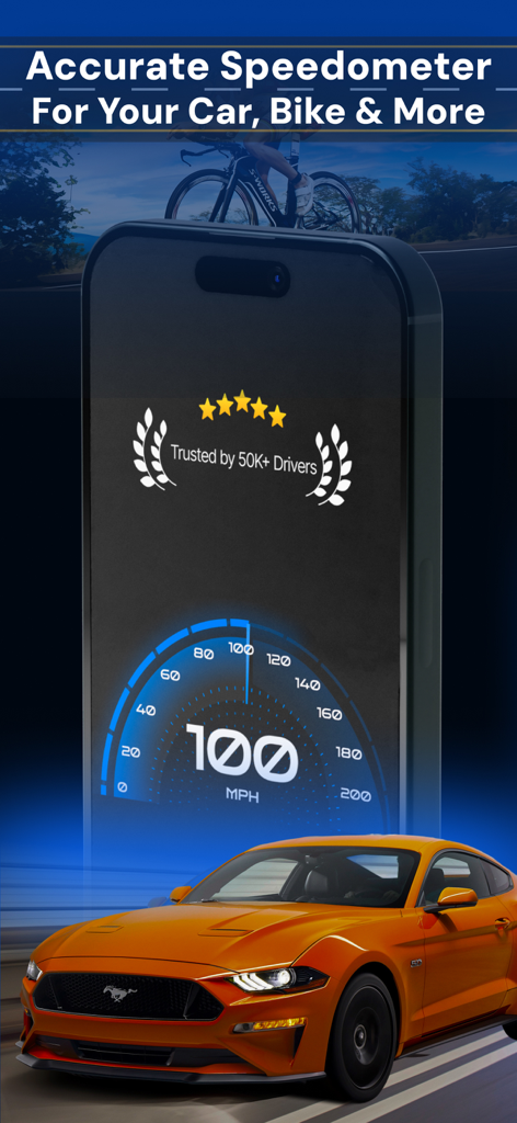 GPS Speedometer HUD Tracker - A digital speedometer app displaying 100 MPH on an iPhone above an orange sports car.