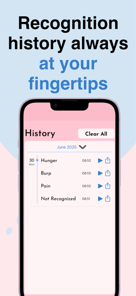 Ein Mobile-App-Bildschirm zeigt die Historie der Baby-Schrei-Analyseergebnisse mit Kategorien wie Hunger, Aufstoßen und Schmerz.