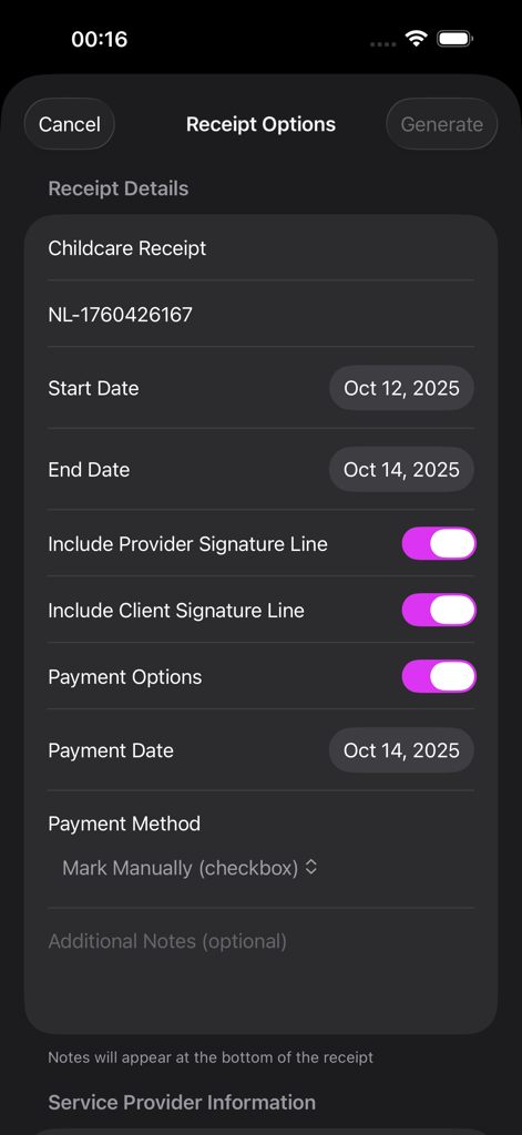 Nanny Ledger - A screen in the Nanny Ledger app showing customizable receipt options for childcare services including signature lines and payment details