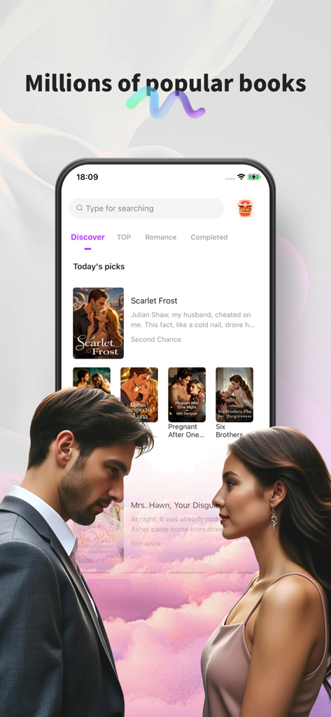 Interface do aplicativo VibeNovel exibindo romances e web novels de lobisomens em alta.