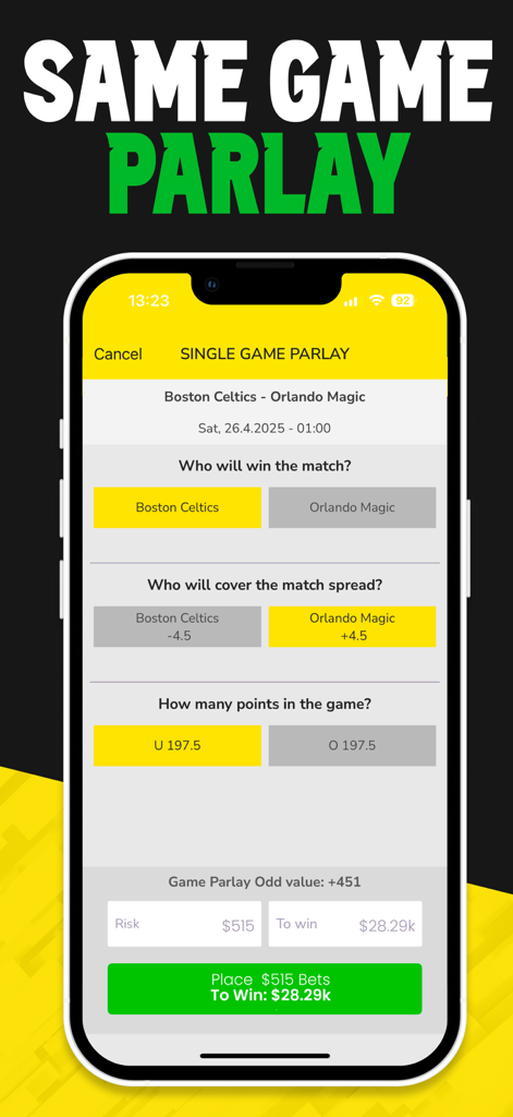 バスケットボールの試合の同じゲームパーレーを表示するBet On Sportsのモバイルアプリインターフェース