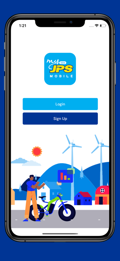 MyJPS - Pantalla de inicio de sesión y registro de la aplicación móvil MyJPS con ilustraciones de servicios públicos de energía
