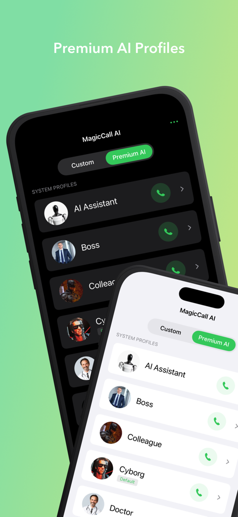 Magic Call Pro: AI Voices - Interface de l'application Magic Call Pro avec des profils de voix IA premium et des options de personnages.
