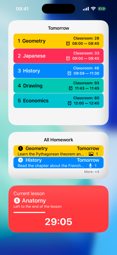 iPhone home screen displaying school planner widgets for daily schedule homework tasks and a live class countdown timer