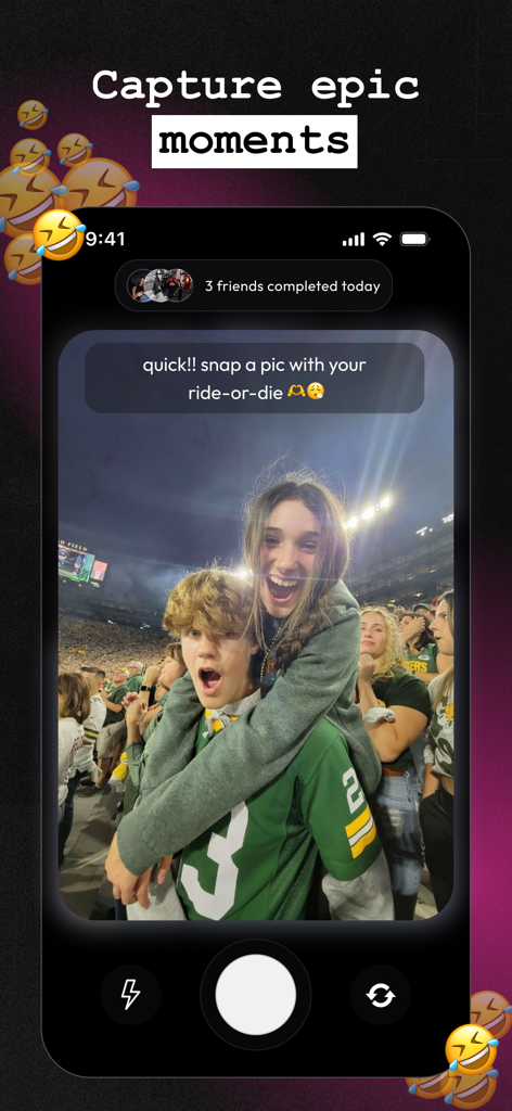 Hyper Challenges - Écran de l'application Hyper Challenges montrant une invite de défi photo pour prendre un cliché avec un ami dans un stade.