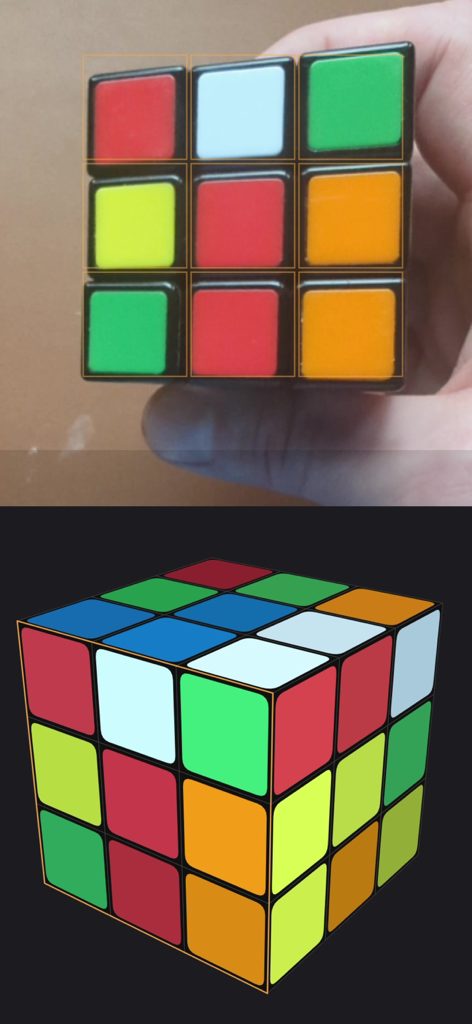 ASolver>I'll solve your puzzle - La cámara escaneando un cubo de Rubik con un modelo digital 3D en la aplicación ASolver.