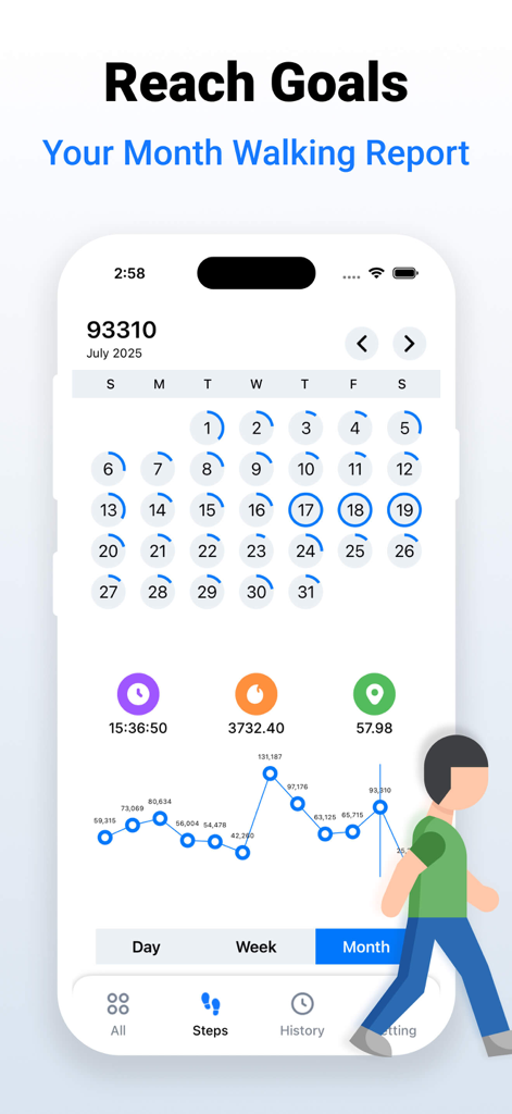 Pedometer – Step Counter - Monthly walking report screen in the step counter app showing a calendar and activity graph