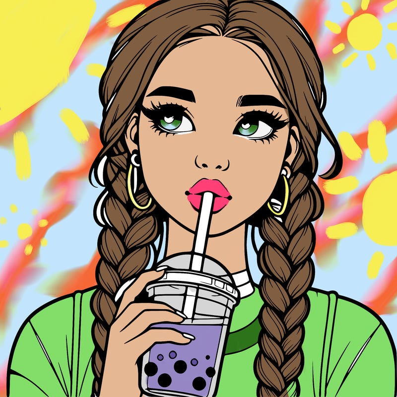 realistic girl with braided hair drinking boba