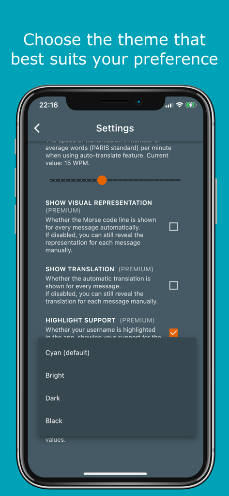 Morse Chat: Chat in Morse Code - Morse Chat app settings showing a menu for choosing themes like dark or black