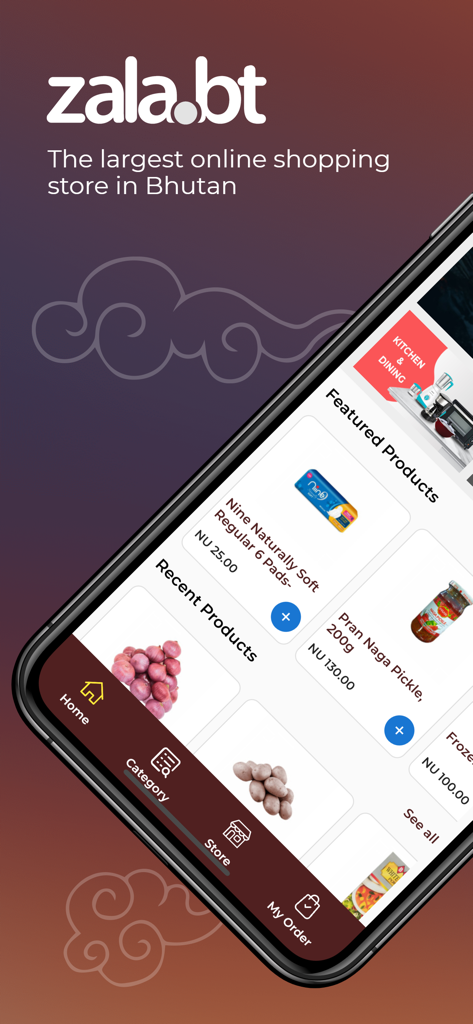 Screenshot of the zala.bt shopping app displaying featured products and categories for online shopping in Bhutan.