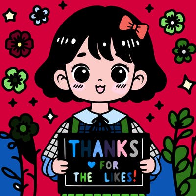 a cute girl with a sign that says "thanks for the likes!"