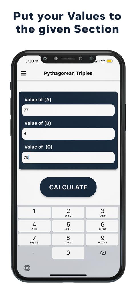 Pythagorean Triples Calculator - Interface of the Pythagorean Triples Calculator app showing input fields for triangle values A B and C with a numeric keypad