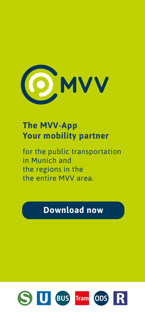 MVV-App - MVV-App-Startbildschirm, der den öffentlichen Nahverkehr in München mit einer Download-Schaltfläche bewirbt.