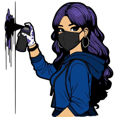 realistic girl with mask spray painting a wall