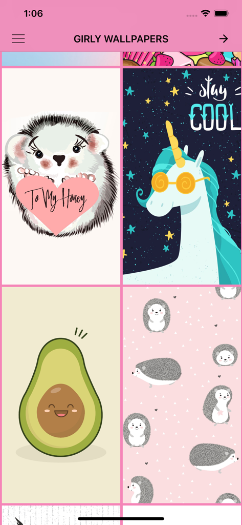 Galerie de l'application présentant de jolis fonds d'écran girly avec des hérissons, des licornes et un avocat