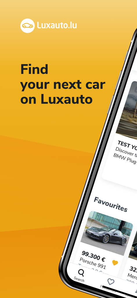Luxauto.lu - 中古車のための車の検索とのお気に入りのリストが表示されたLuxautoアプリを示すスマートフォン