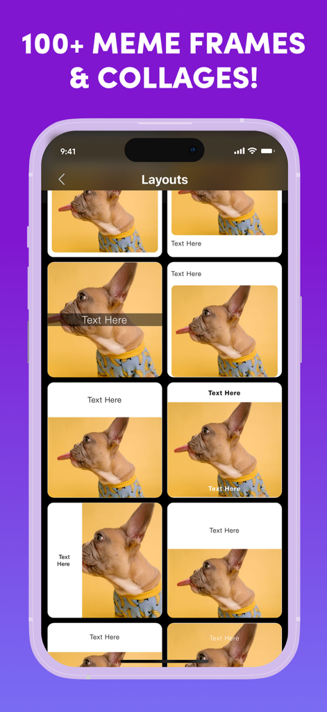 Interface of the Memes.com app showing different meme layout templates and frames on a smartphone screen.