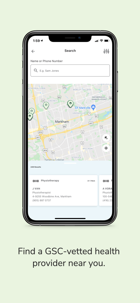 A smartphone displaying a map interface within the Student Health Portal app to find GSC-vetted health providers such as physiotherapy clinics near the user.