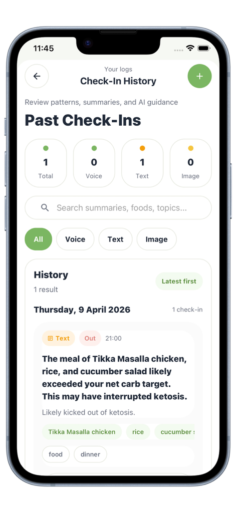 KetoGo | Diet - Screenshot of the Check-In History screen in KetoGo app showing AI meal analysis and ketosis tracking.