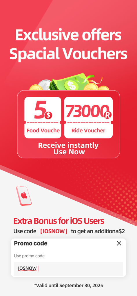 WOWNOW app promotional screen featuring food and ride vouchers with an additional bonus for iOS users