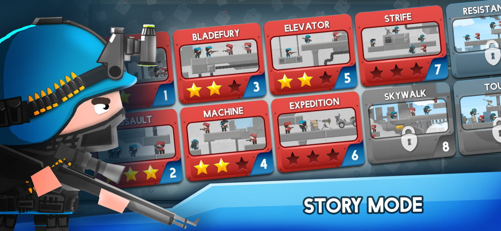 Clone Armies - Tactical Game - Clone Armies Story-Modus-Level-Auswahlbildschirm mit Missionskarten und einem Cartoon-Scharfschützen-Soldaten