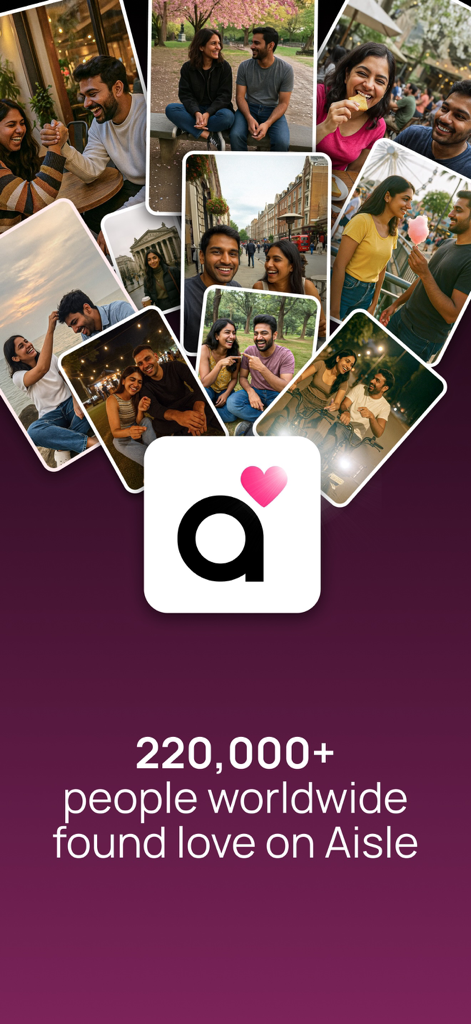 A collage of happy South Asian couples on dates featuring the Aisle app logo and success story statistics.