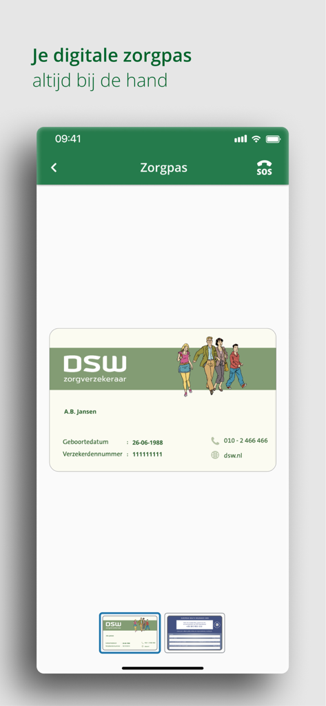 MijnDSW - Screenshot of the digital health insurance card feature in the MijnDSW mobile app