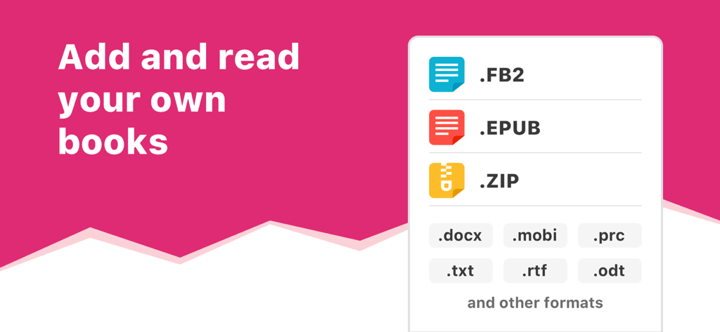 Promotion for eBoox reader app showing compatibility with EPUB FB2 ZIP and other book file formats